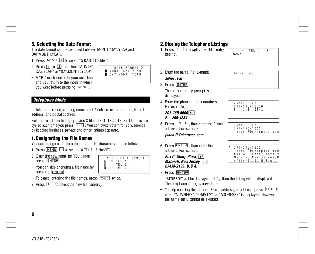 Sharp YO-515 Selecting the Date Format, Storing the Telephone Listings, Designating the File Names, Telephone Mode 