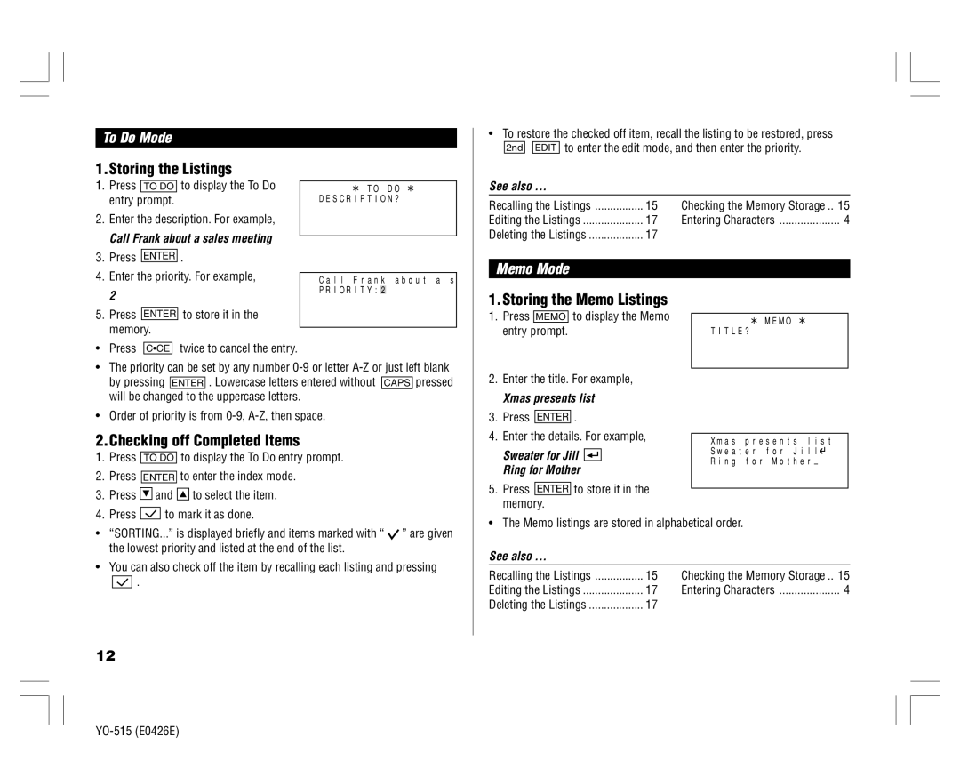 Sharp YO-515 Storing the Listings, Storing the Memo Listings, Checking off Completed Items, To Do Mode, Memo Mode 