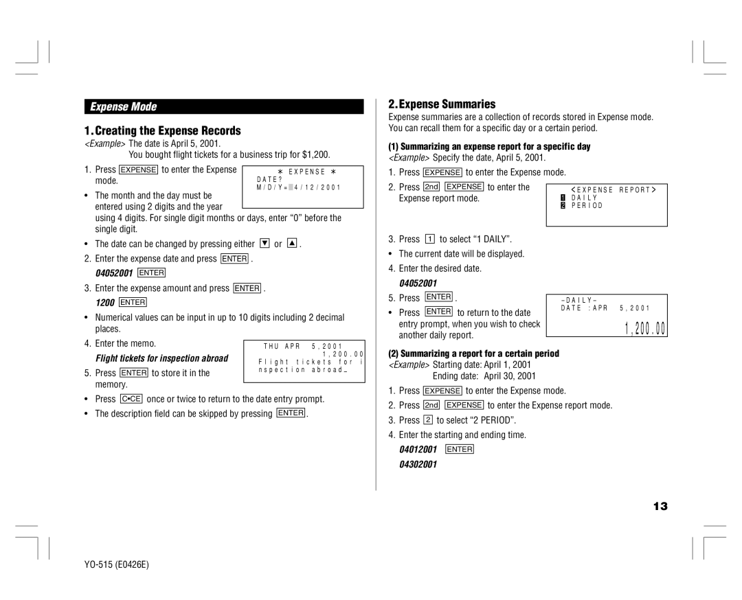 Sharp YO-515 operation manual Expense Summaries, Expense Mode 