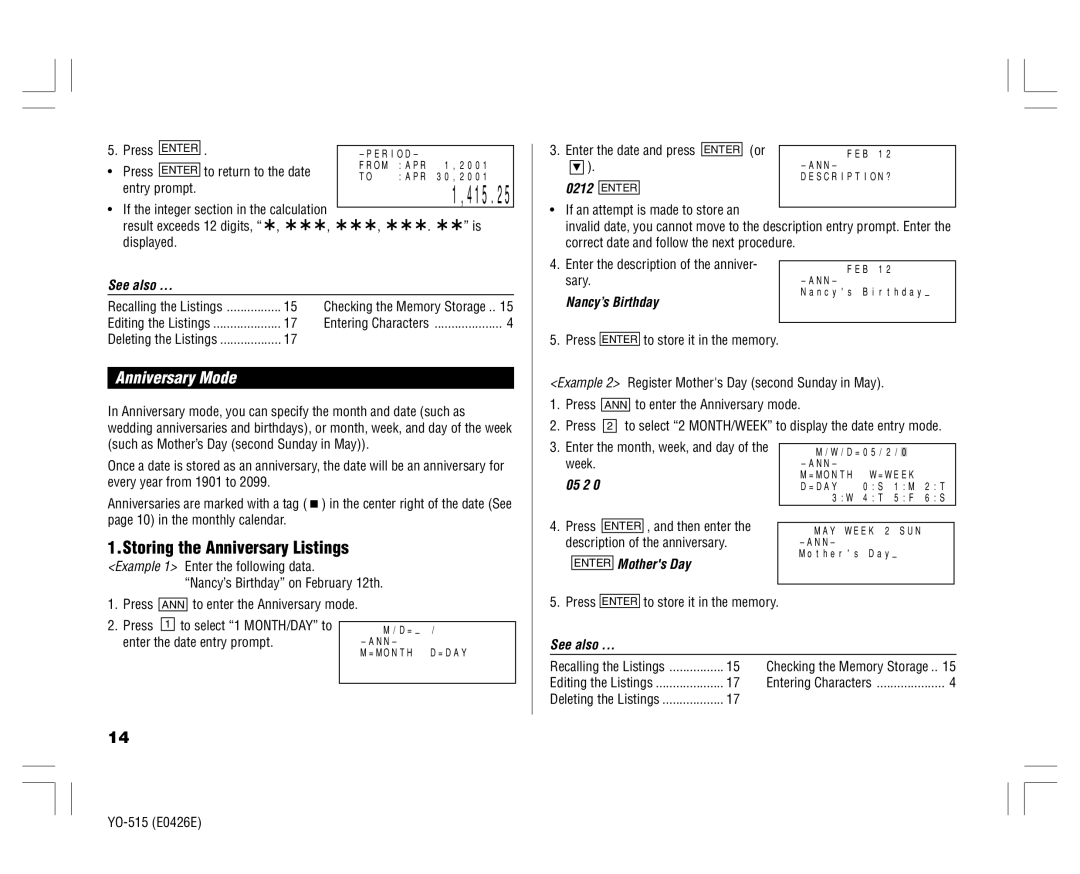 Sharp YO-515 operation manual Storing the Anniversary Listings, Anniversary Mode 