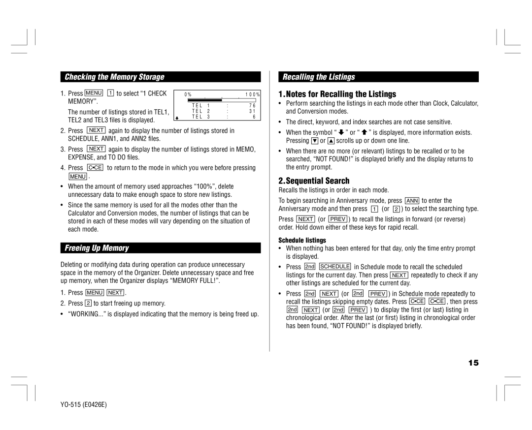 Sharp YO-515 operation manual Sequential Search, Freeing Up Memory, Recalling the Listings, Schedule listings 