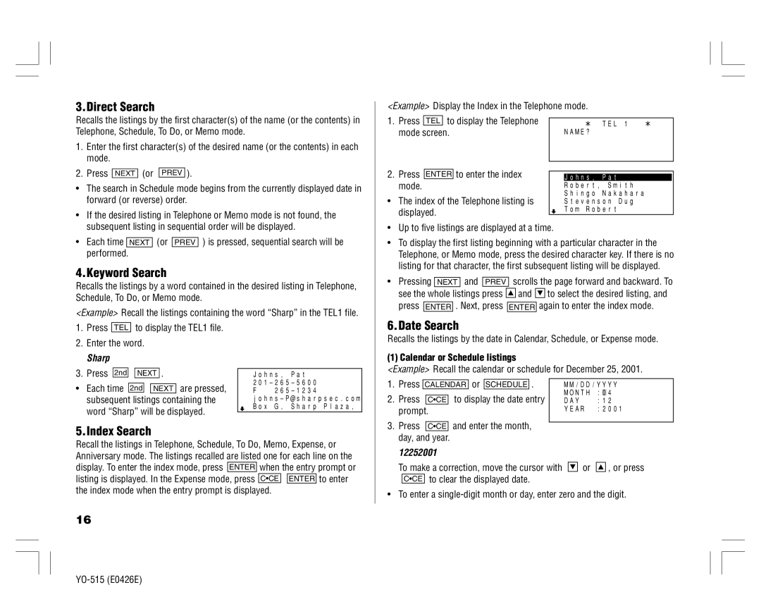 Sharp YO-515 operation manual Direct Search, Keyword Search, Date Search, Index Search 