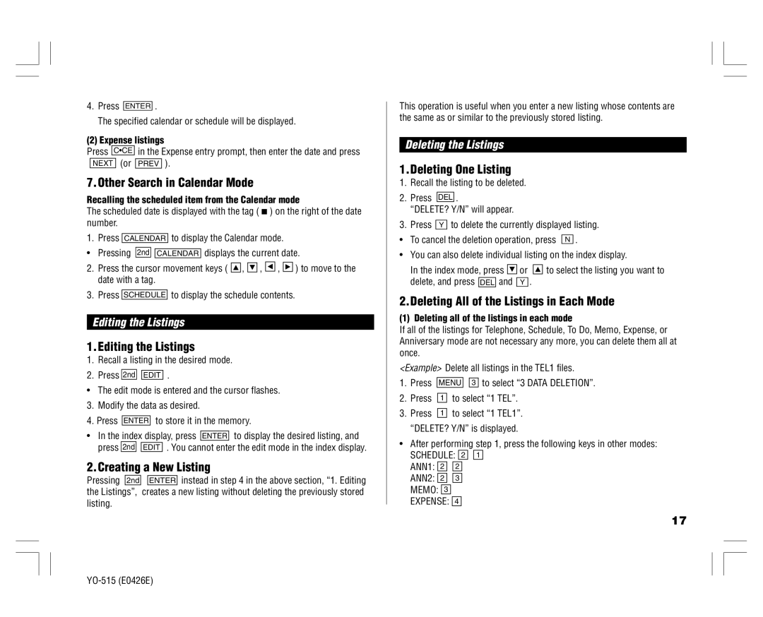 Sharp YO-515 Other Search in Calendar Mode, Editing the Listings, Creating a New Listing, Deleting One Listing 