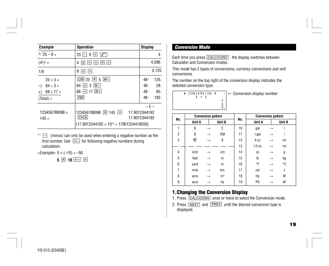 Sharp YO-515 operation manual Changing the Conversion Display, Conversion Mode, Example 