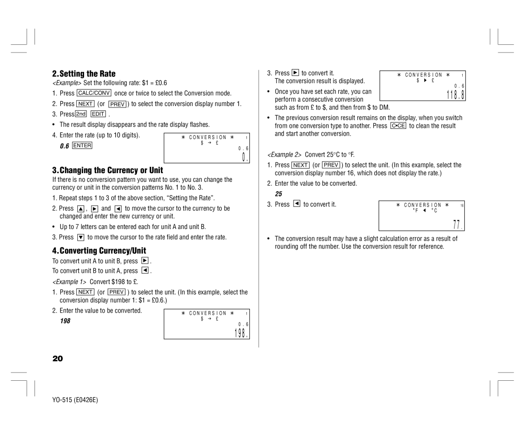 Sharp YO-515 operation manual Setting the Rate, Changing the Currency or Unit, Converting Currency/Unit, 198 