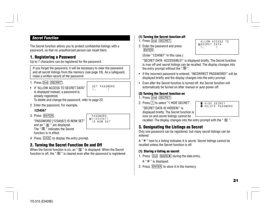 Sharp YO-515 Registering a Password, Turning the Secret Function On and Off, Designating the Listings as Secret, 1234567 