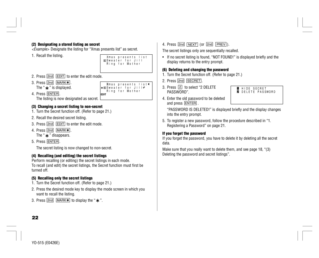 Sharp YO-515 Designating a stored listing as secret, Deleting and changing the password, If you forget the password 