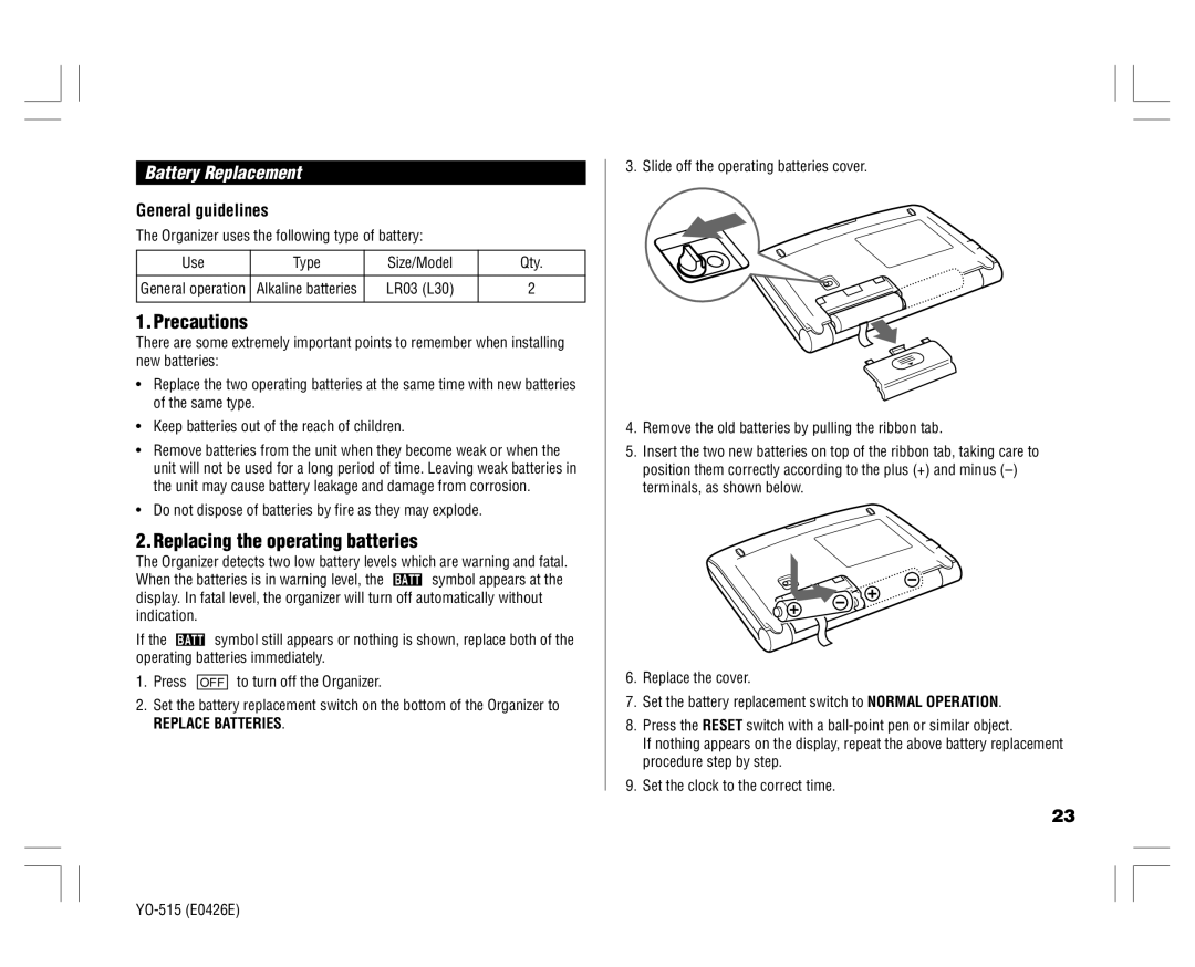 Sharp YO-515 operation manual Precautions, Replacing the operating batteries, Battery Replacement, LR03 L30 