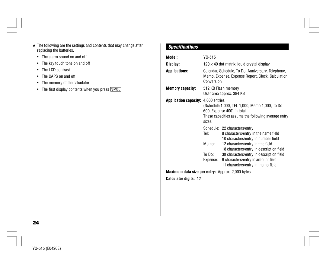 Sharp YO-515 operation manual Specifications 