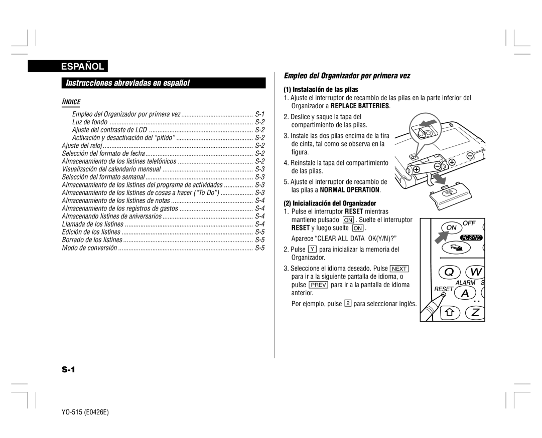 Sharp YO-515 operation manual Instrucciones abreviadas en español, Instalación de las pilas, Inicialización del Organizador 