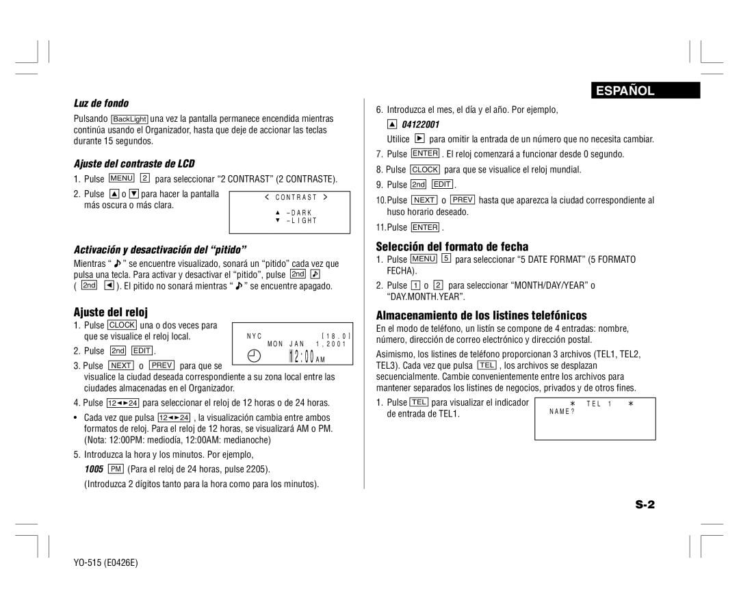 Sharp YO-515 operation manual Ajuste del reloj, Selección del formato de fecha, Almacenamiento de los listines telefónicos 