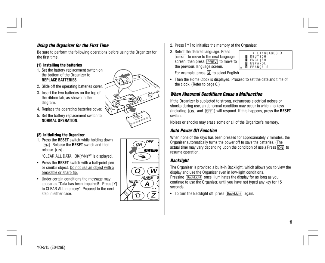 Sharp YO-515 operation manual Installing the batteries, Select the desired language. Press, Initializing the Organizer 