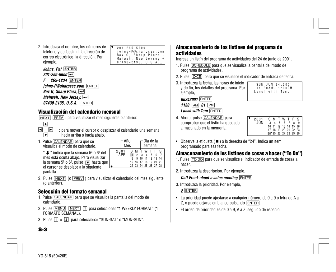 Sharp YO-515 Almacenamiento de los listines del programa de actividades, Visualización del calendario mensual 