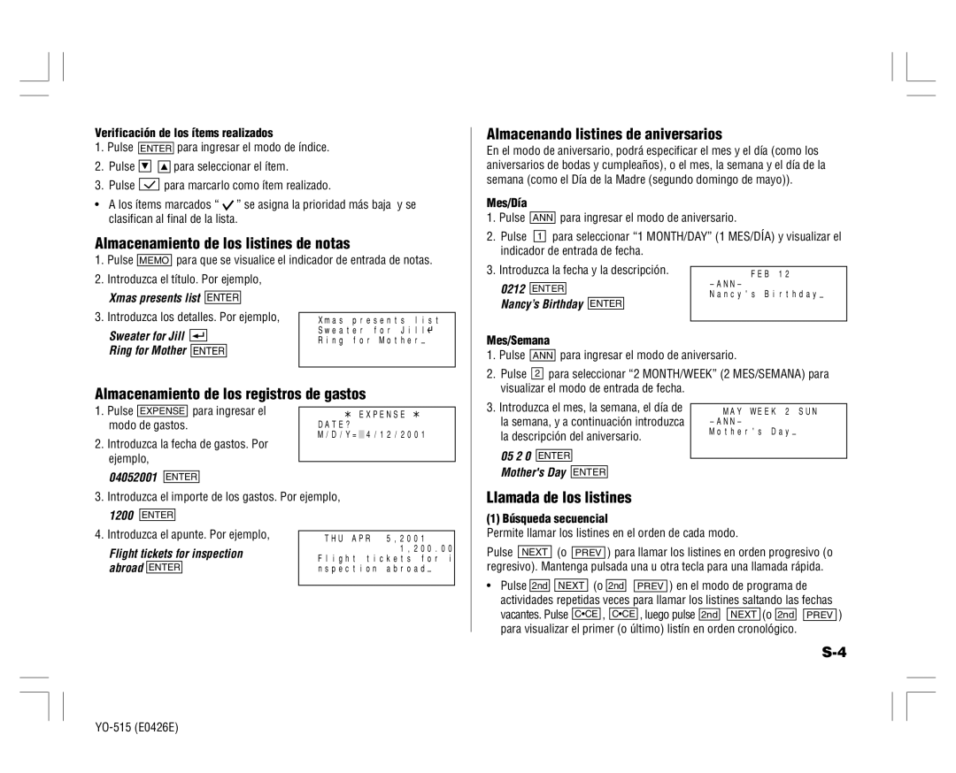 Sharp YO-515 Almacenamiento de los registros de gastos, Llamada de los listines, Enter Nancy’s Birthday Enter 