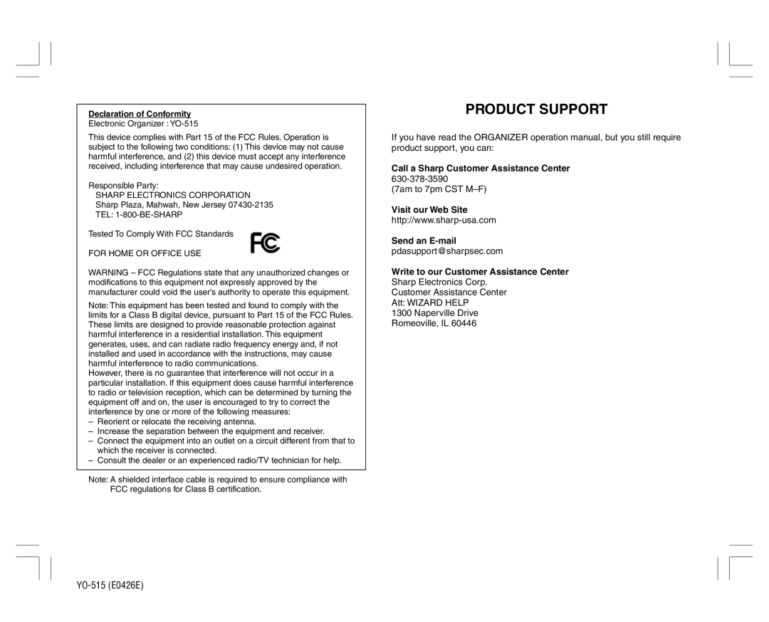 Sharp YO-515 operation manual Product Support 