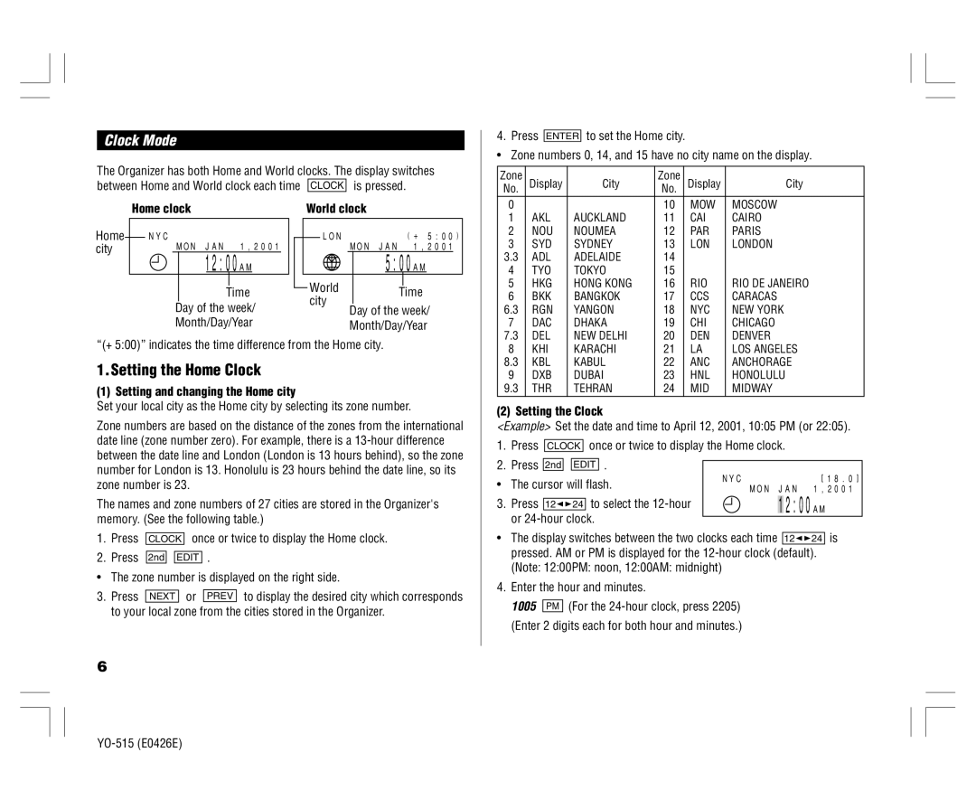 Sharp YO-515 operation manual Setting the Home Clock, Clock Mode, 1005 