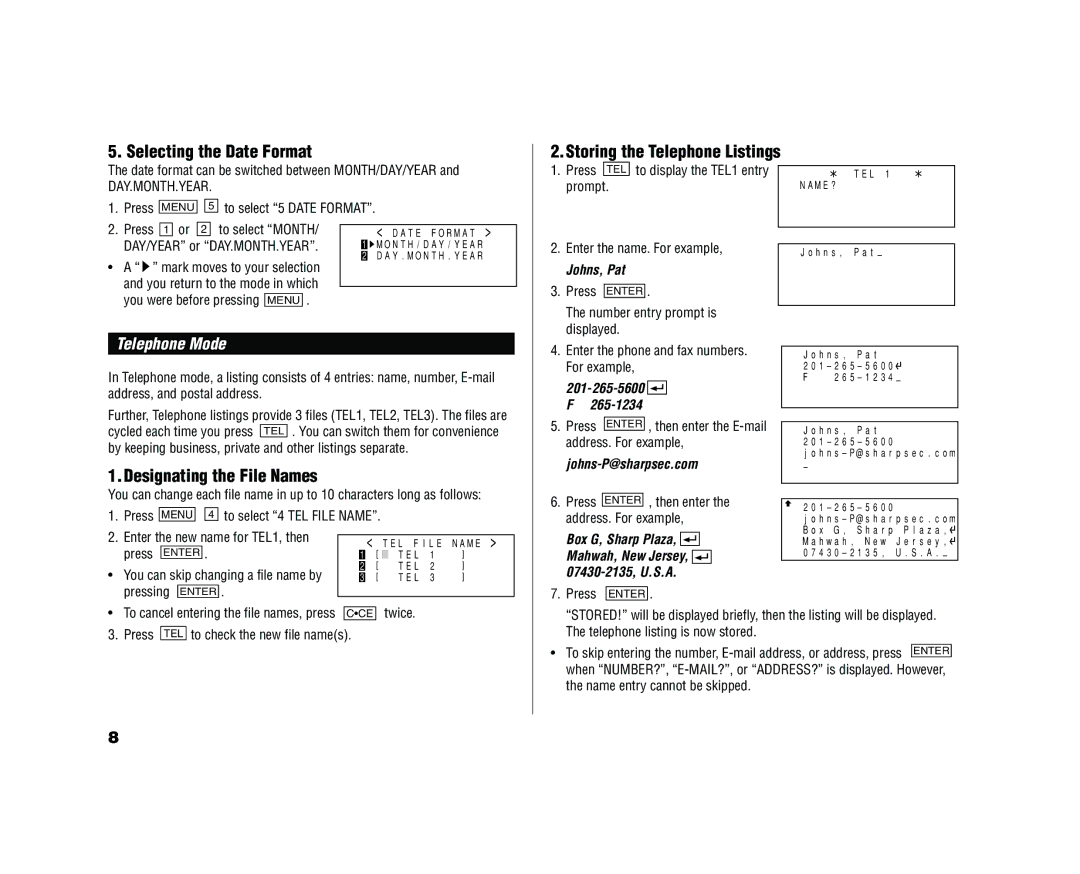 Sharp YO-520 Selecting the Date Format, Storing the Telephone Listings, Designating the File Names, Telephone Mode 