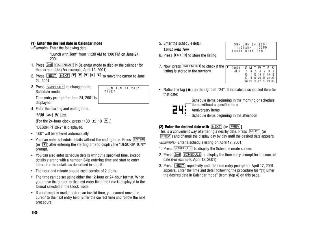 Sharp YO-520 operation manual Lunch with Tom, 1130 AM 01 PM, Enter the desired date with Next or Prev 