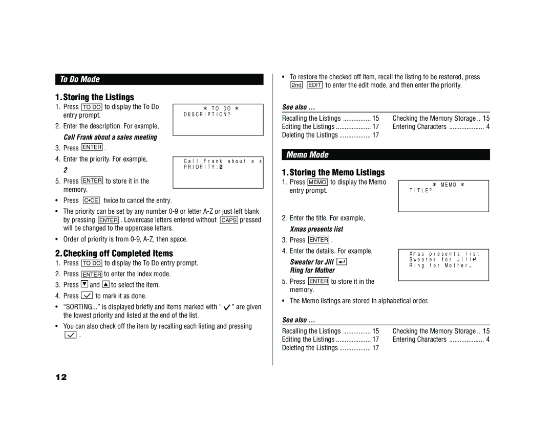 Sharp YO-520 Storing the Listings, Storing the Memo Listings, Checking off Completed Items, To Do Mode, Memo Mode 