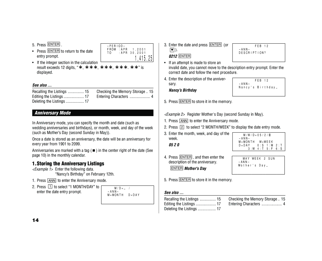 Sharp YO-520 operation manual Storing the Anniversary Listings, Anniversary Mode 