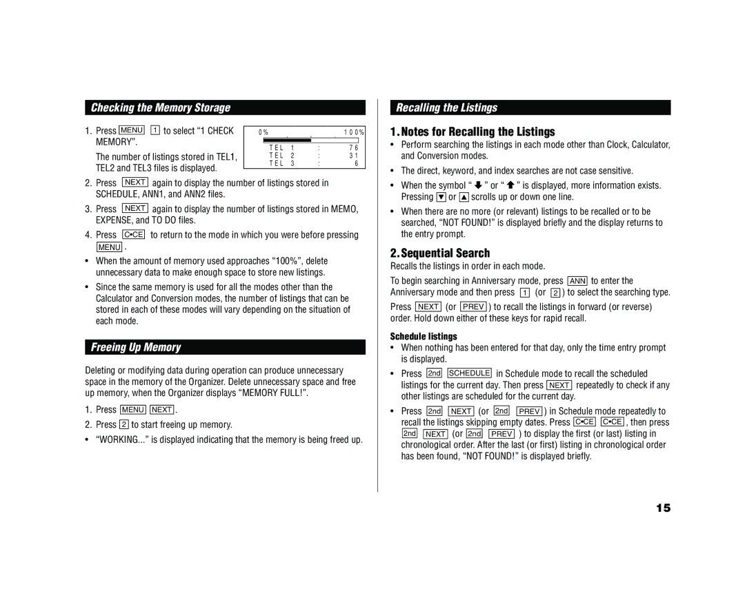 Sharp YO-520 Sequential Search, Checking the Memory Storage, Freeing Up Memory, Recalling the Listings, Schedule listings 