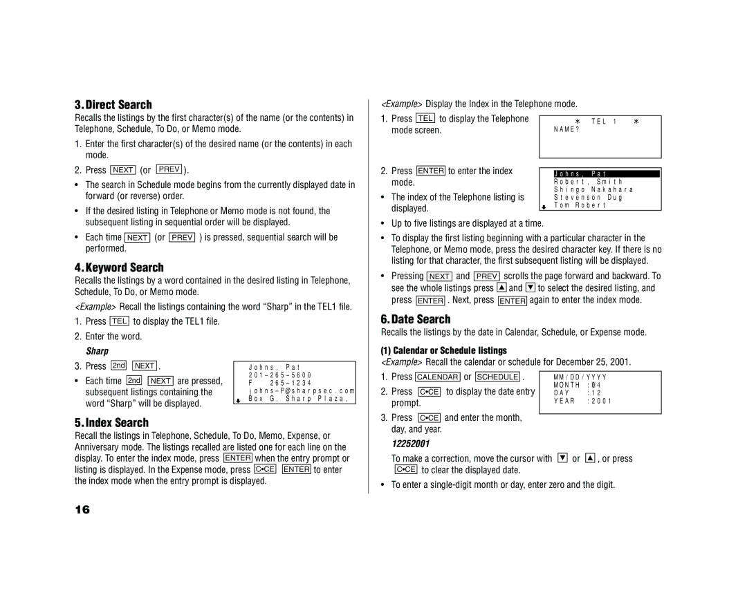 Sharp YO-520 operation manual Direct Search, Keyword Search, Date Search, Index Search 