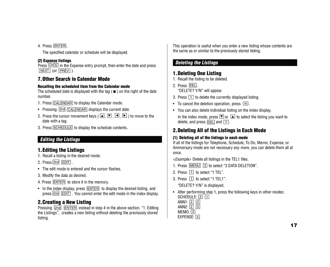 Sharp YO-520 Other Search in Calendar Mode, Editing the Listings, Creating a New Listing, Deleting One Listing 