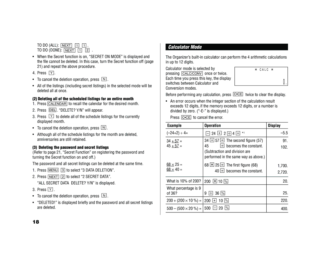 Sharp YO-520 operation manual Calculator Mode, Deleting all of the scheduled listings for an entire month, Example, Display 