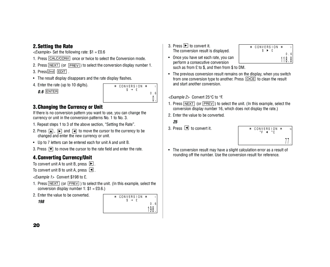 Sharp YO-520 operation manual Setting the Rate, Changing the Currency or Unit, Converting Currency/Unit, 198 