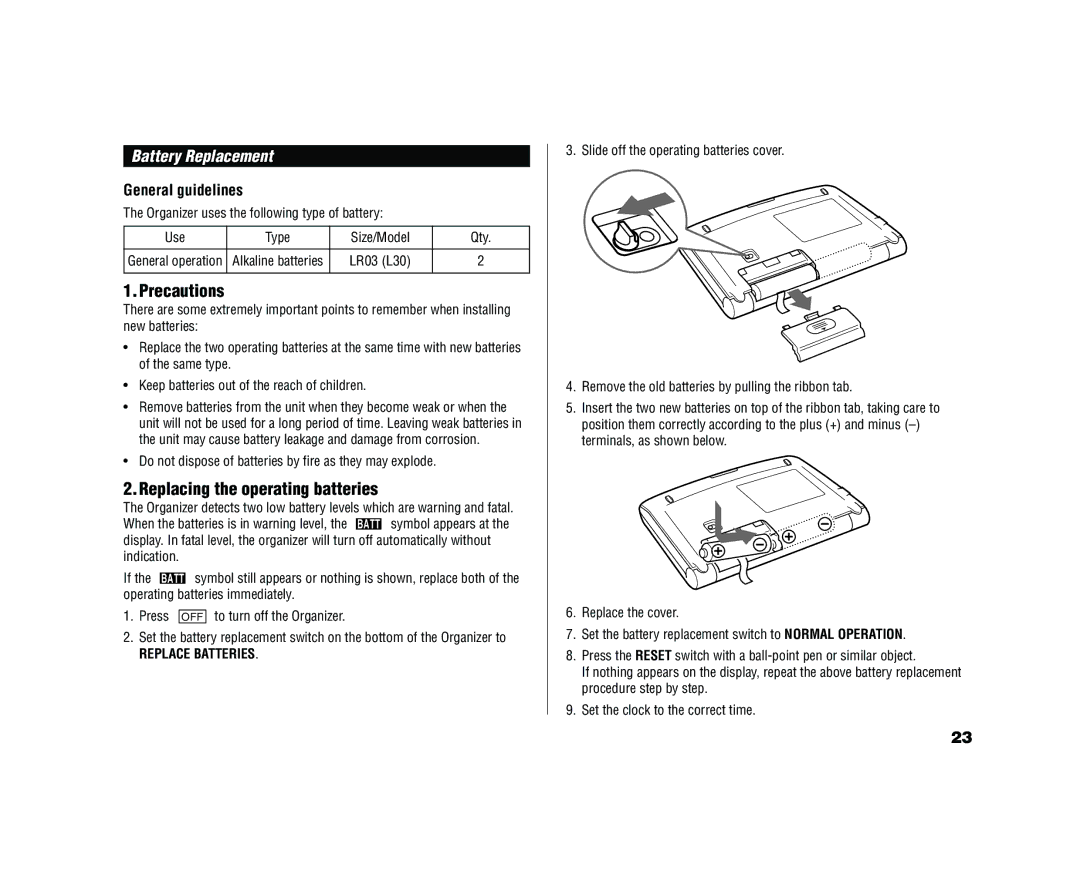 Sharp YO-520 operation manual Precautions, Replacing the operating batteries, Battery Replacement, LR03 L30 