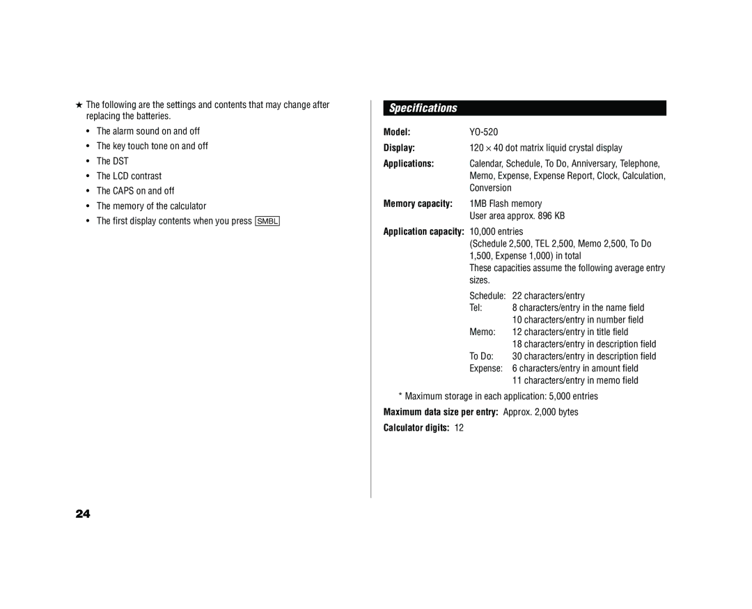 Sharp YO-520 operation manual Specifications, Model, Applications, Memory capacity, Application capacity 10,000 entries 