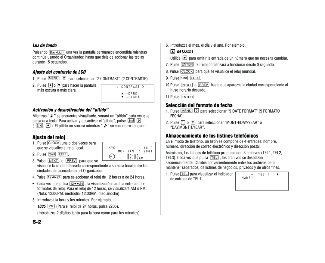 Sharp YO-520 operation manual Ajuste del reloj, Selección del formato de fecha, Almacenamiento de los listines telefónicos 