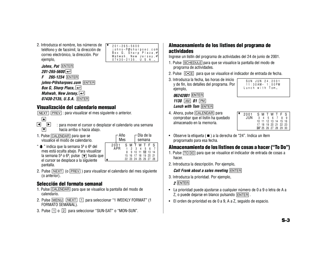 Sharp YO-520 Almacenamiento de los listines del programa de actividades, Visualización del calendario mensual 