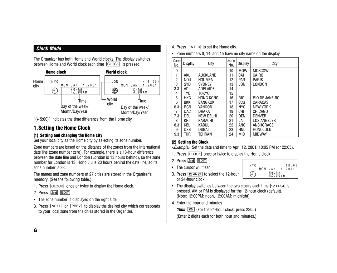 Sharp YO-520 operation manual Setting the Home Clock, Clock Mode, 1005 