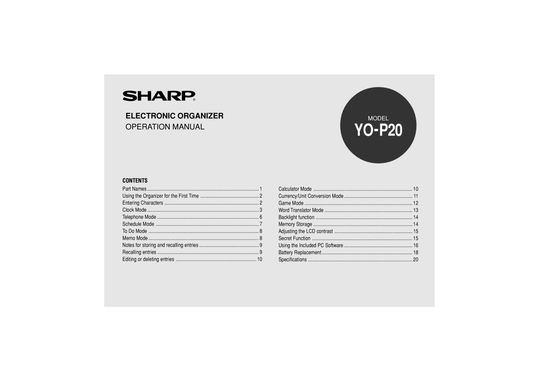 Sharp YO-P20 operation manual 