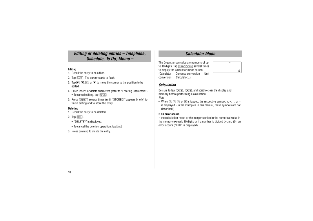 Sharp YO-P20 operation manual Editing or deleting entries Telephone Schedule, To Do, Memo, Calculator Mode, Calculation 