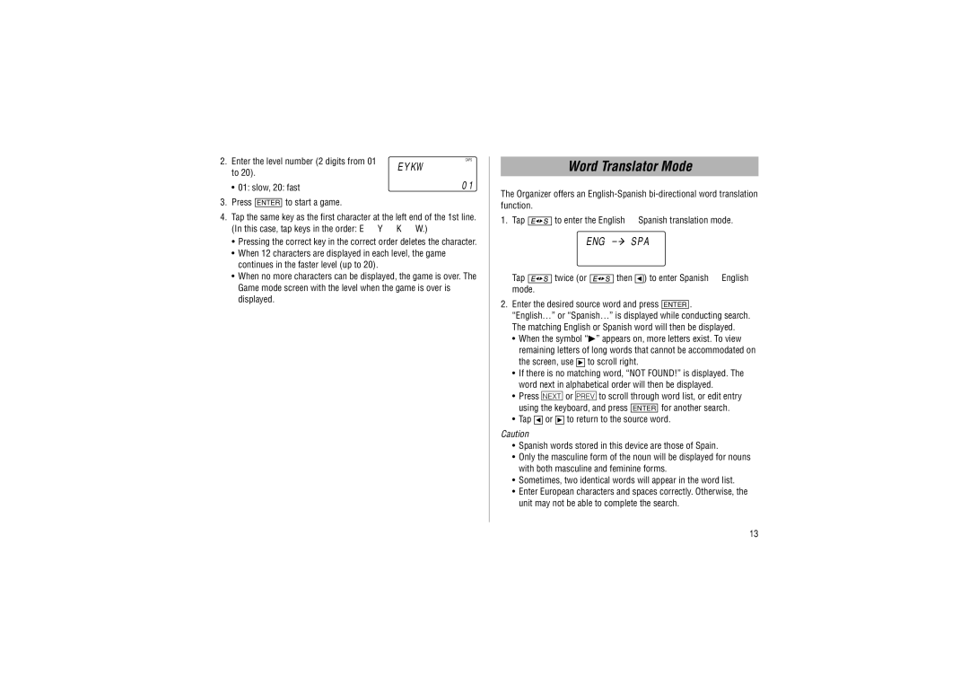 Sharp YO-P20 Word Translator Mode, Enter the level number 2 digits from, Slow, 20 fast Press Enter to start a game 