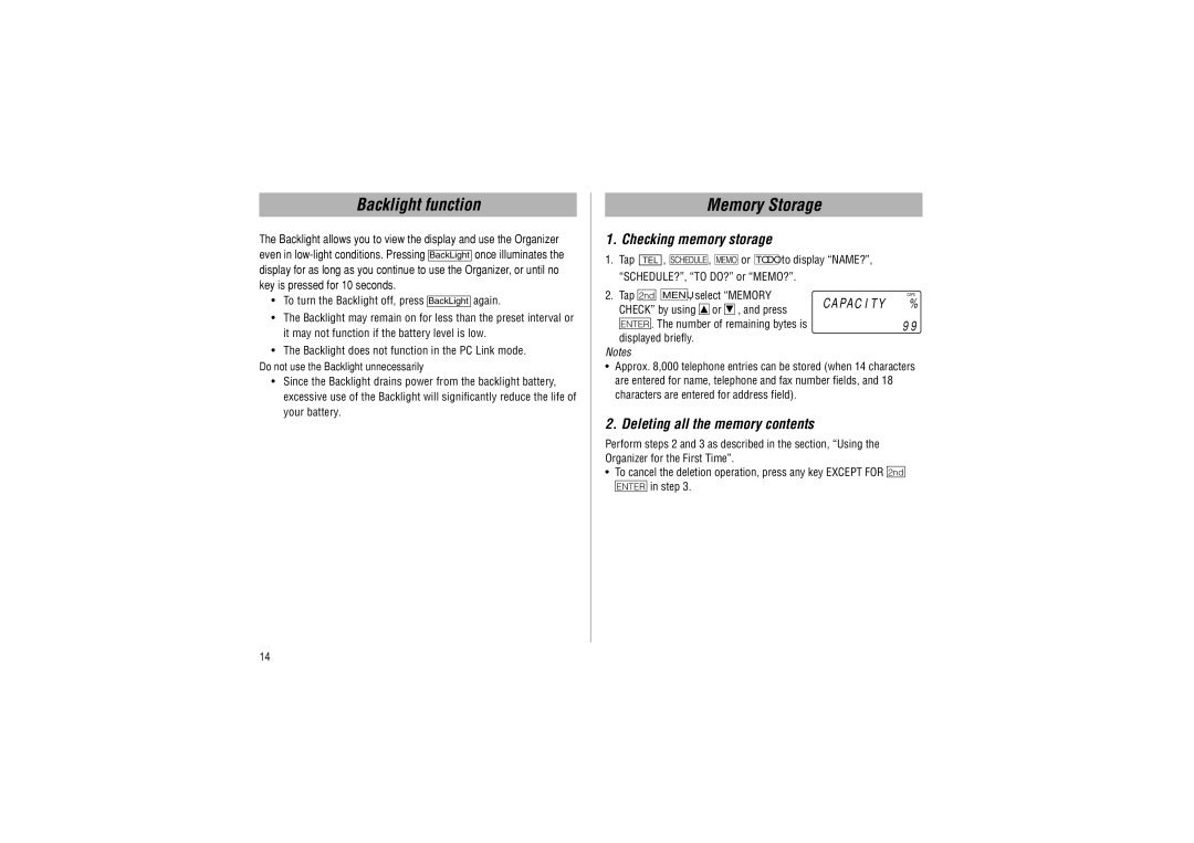 Sharp YO-P20 operation manual Backlight function, Memory Storage, Checking memory storage, Deleting all the memory contents 