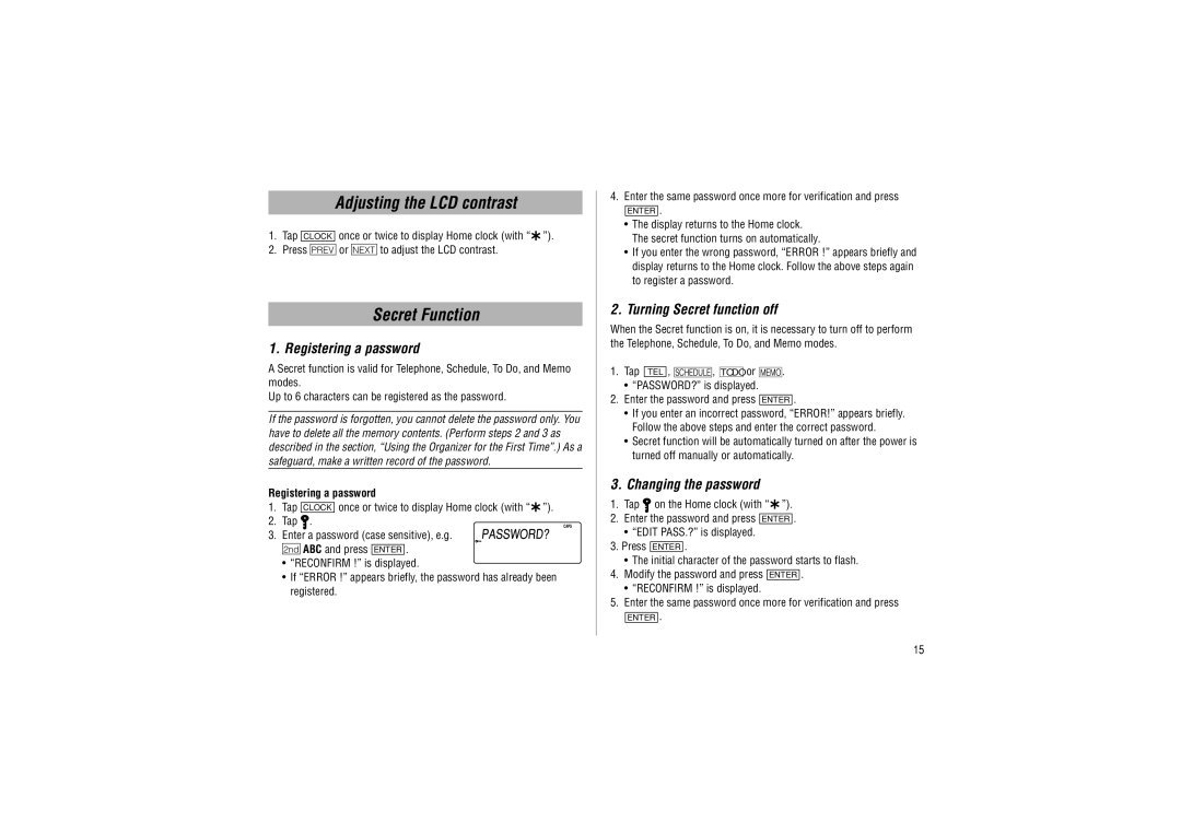 Sharp YO-P20 Adjusting the LCD contrast, Secret Function, Registering a password, Turning Secret function off 