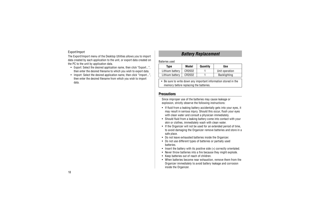 Sharp YO-P20 operation manual Battery Replacement, Precautions, Type Model Quantity Use, Lithium battery 