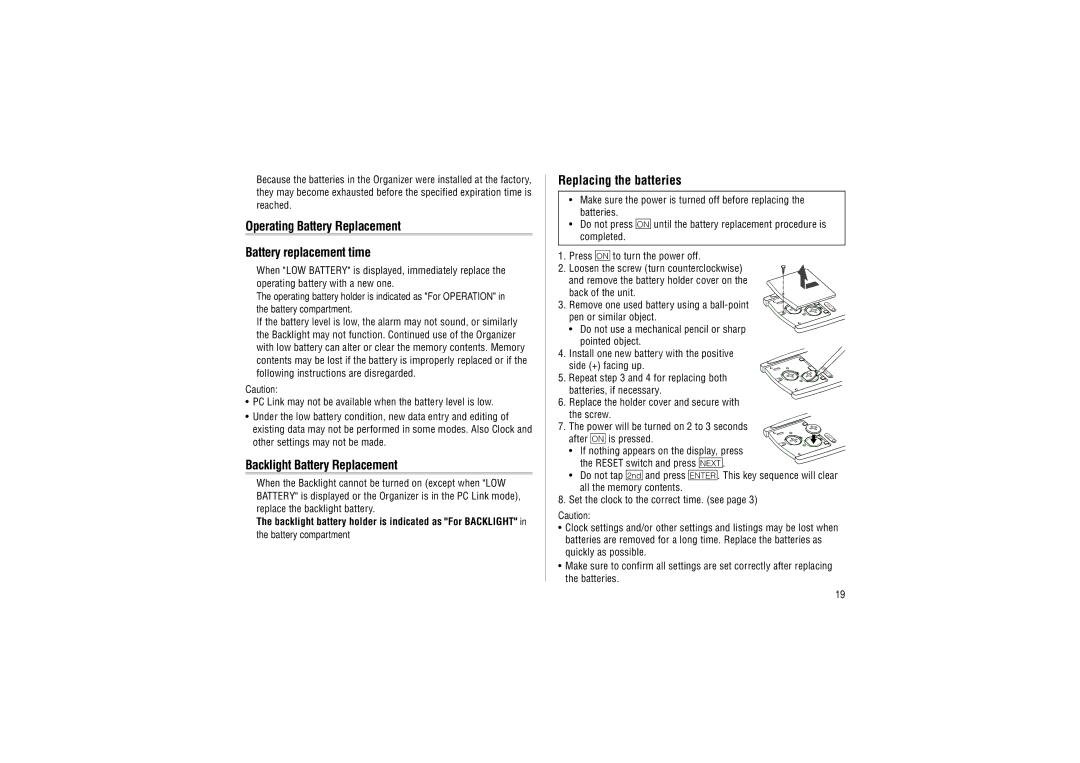 Sharp YO-P20 operation manual Operating Battery Replacement Battery replacement time, Backlight Battery Replacement 