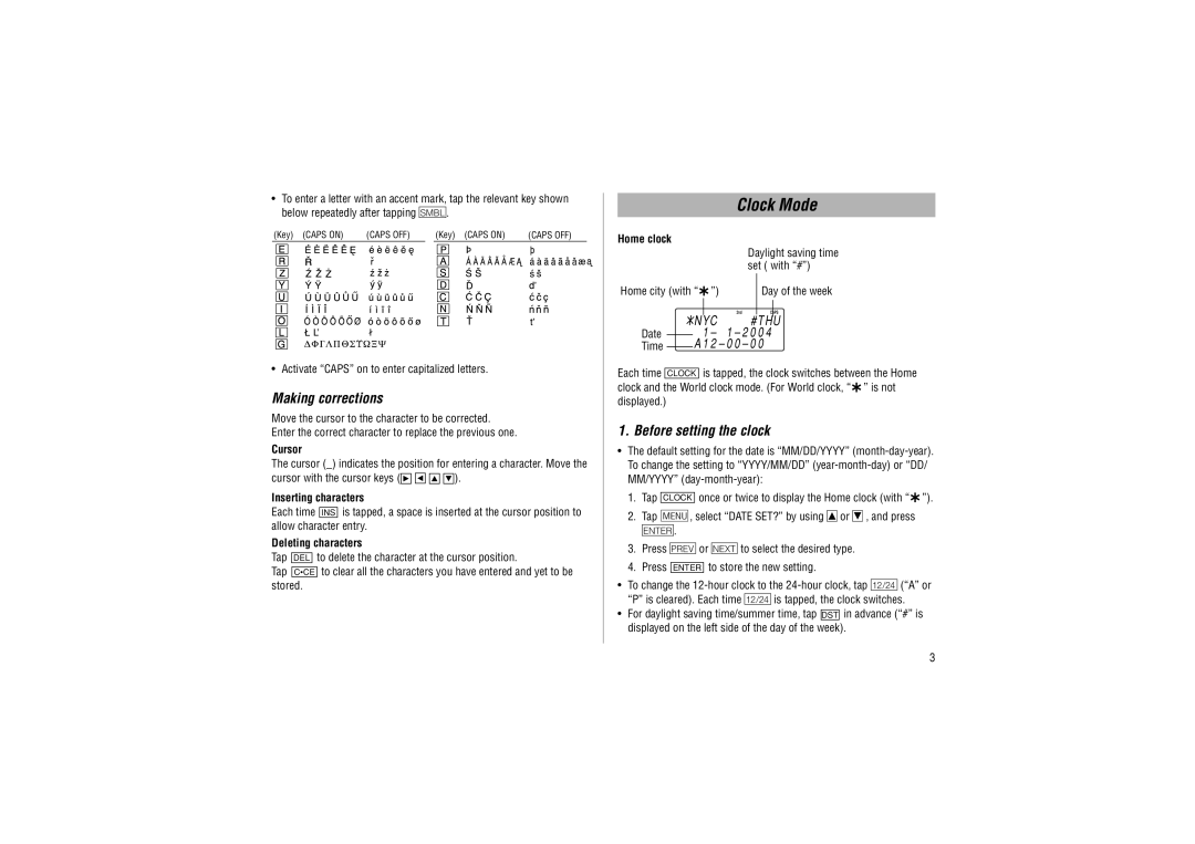 Sharp YO-P20 operation manual Clock Mode, Making corrections, Before setting the clock 