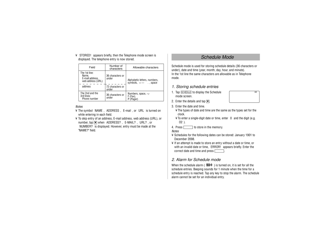 Sharp YO-P20 operation manual Schedule Mode, Storing schedule entries, Alarm for Schedule mode 