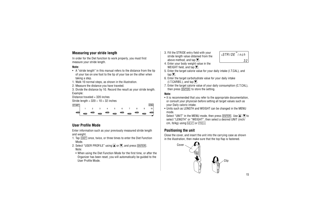 Sharp YO-P20hII operation manual Measuring your stride length, User Profile Mode, Positioning the unit, Cover Clip 