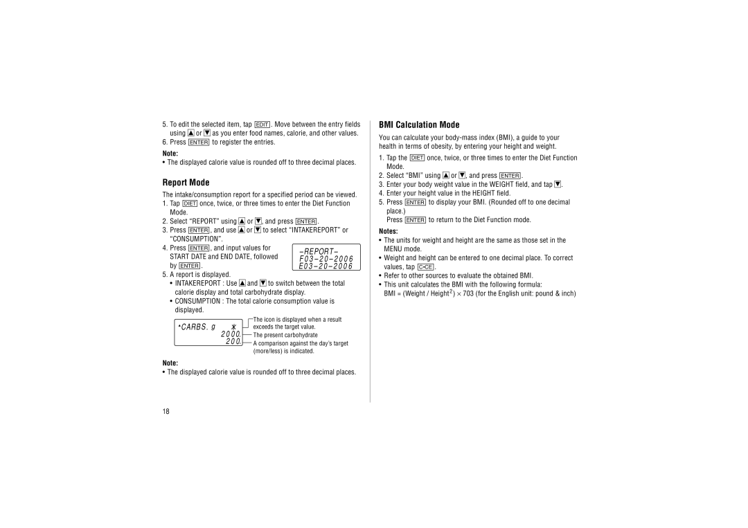 Sharp YO-P20hII operation manual Report Mode, BMI Calculation Mode, Press Enter to register the entries 