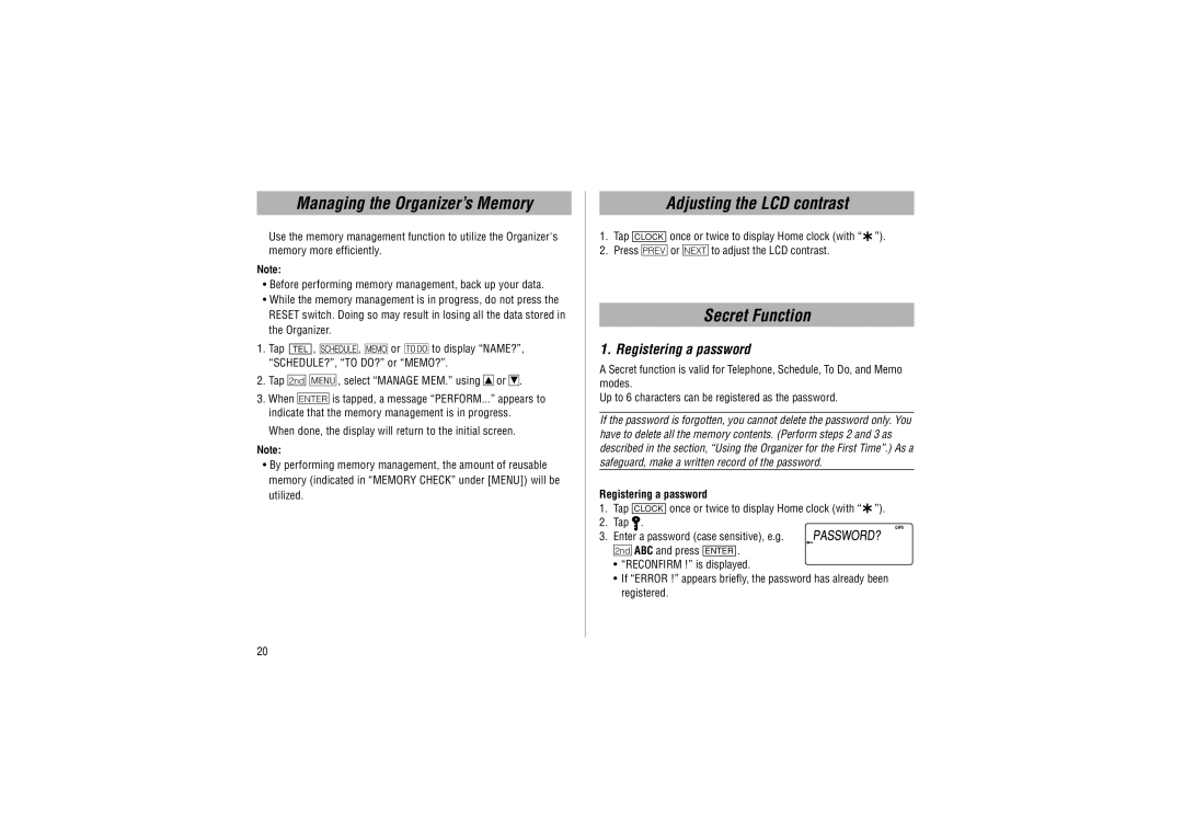 Sharp YO-P20hII Managing the Organizer’s Memory, Adjusting the LCD contrast, Secret Function, Registering a password 