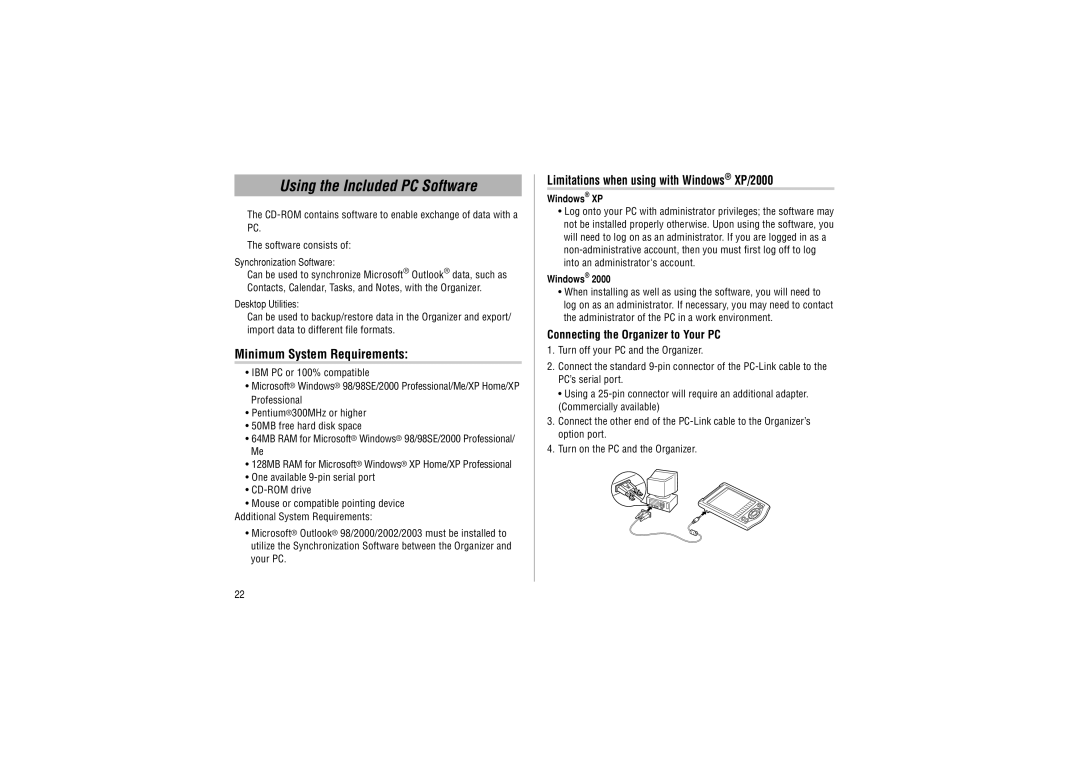 Sharp YO-P20hII operation manual Using the Included PC Software, Minimum System Requirements 