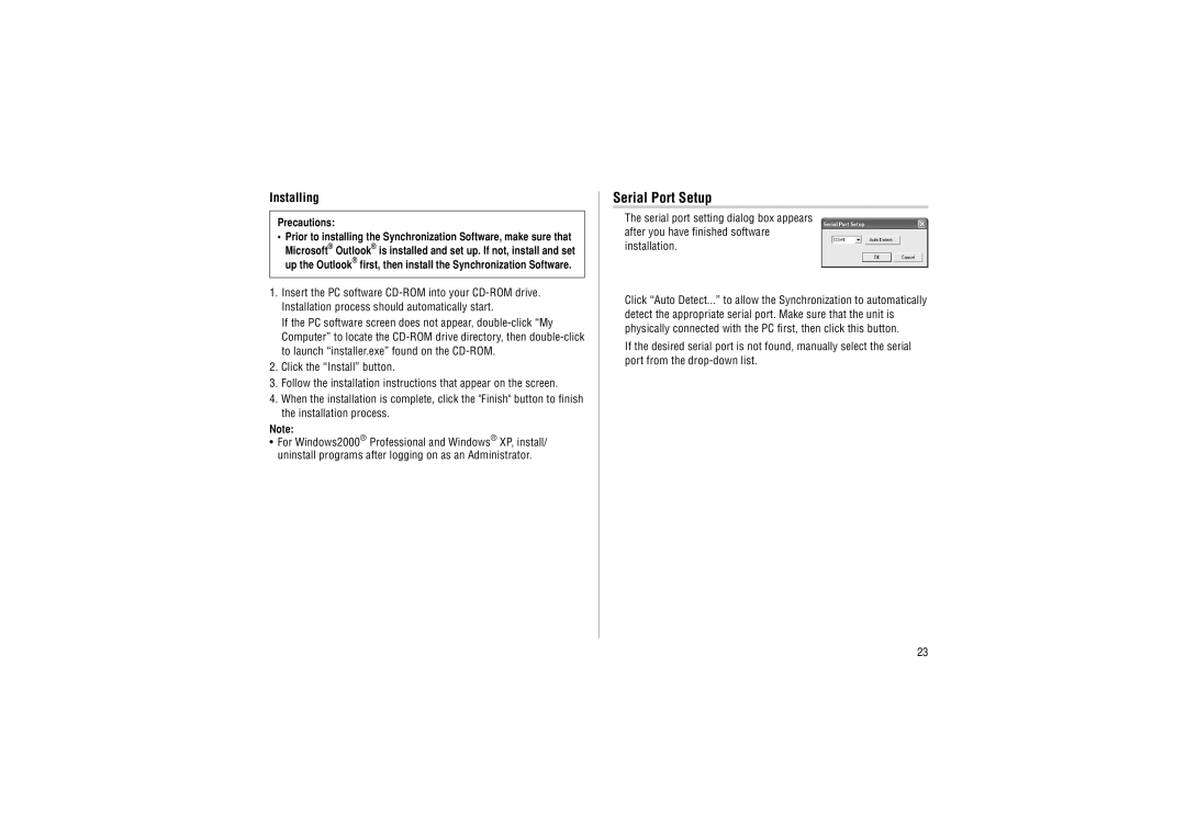 Sharp YO-P20hII operation manual Serial Port Setup, Installing 