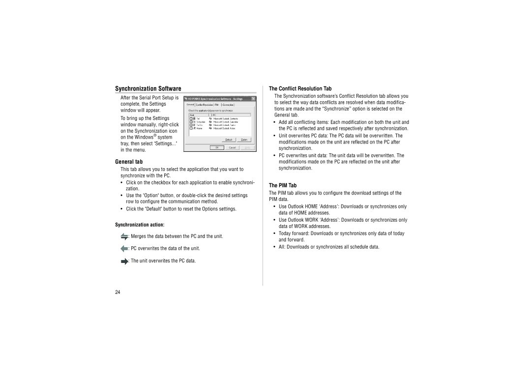 Sharp YO-P20hII operation manual Synchronization Software, Synchronization action 