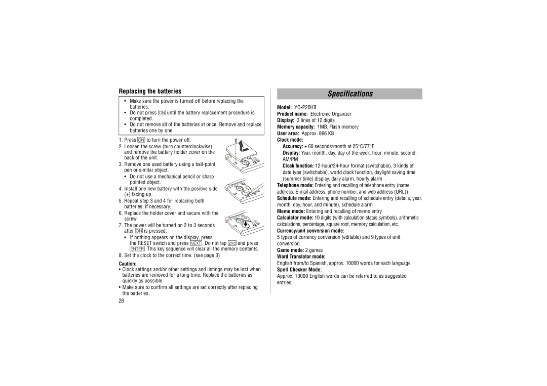 Sharp YO-P20hII operation manual Specifications, Replacing the batteries 